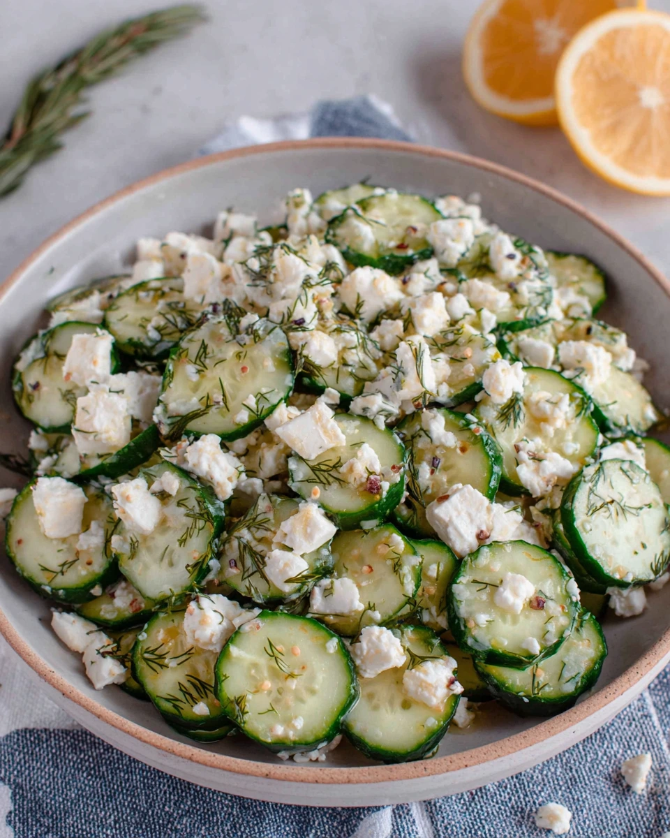 Classic Cucumber Feta Salad is a crisp, refreshing side dish made with cucumbers, feta cheese, fresh herbs, and a bright lemon dressing.