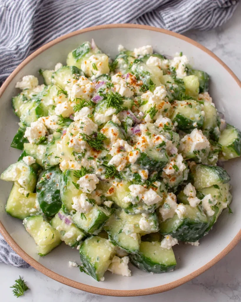 Classic Cucumber Feta Salad is a crisp, refreshing side dish made with cucumbers, feta cheese, fresh herbs, and a bright lemon dressing.