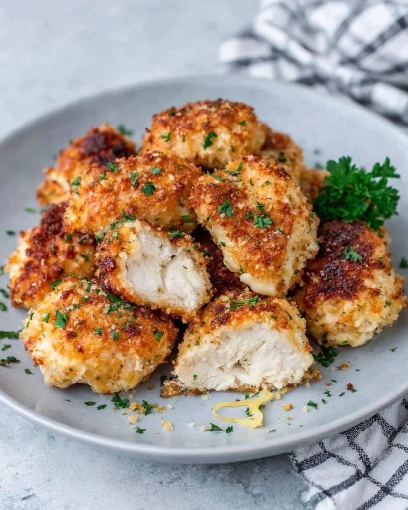 Easy baked Cottage Cheese Parmesan Chicken Bites made with chicken breast, cottage cheese, and Parmesan cheese, photographed in natural light.
