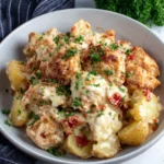 Creamy Crockpot Garlic Parmesan Chicken and Potatoes served in a rustic bowl, featuring tender chunks of chicken and Yukon Gold potatoes coated in a rich garlic Parmesan cream sauce, topped with melted mozzarella cheese and fresh parsley, photographed in natural window light on a white marble kitchen countertop.