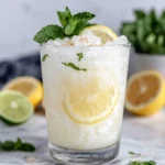A glass of creamy coconut lemonade made with coconut milk, fresh lemon juice, honey, and ice, garnished with mint leaves and lemon slices on a white marble countertop in natural sunlight.