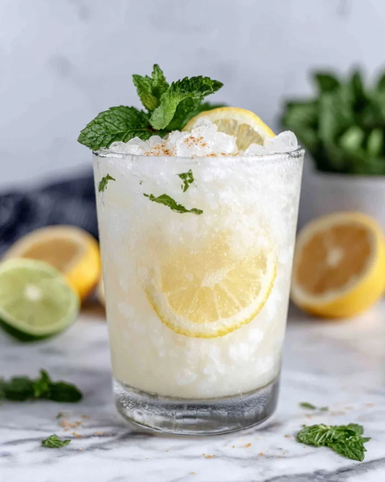 A glass of creamy coconut lemonade made with coconut milk, fresh lemon juice, honey, and ice, garnished with mint leaves and lemon slices on a white marble countertop in natural sunlight.