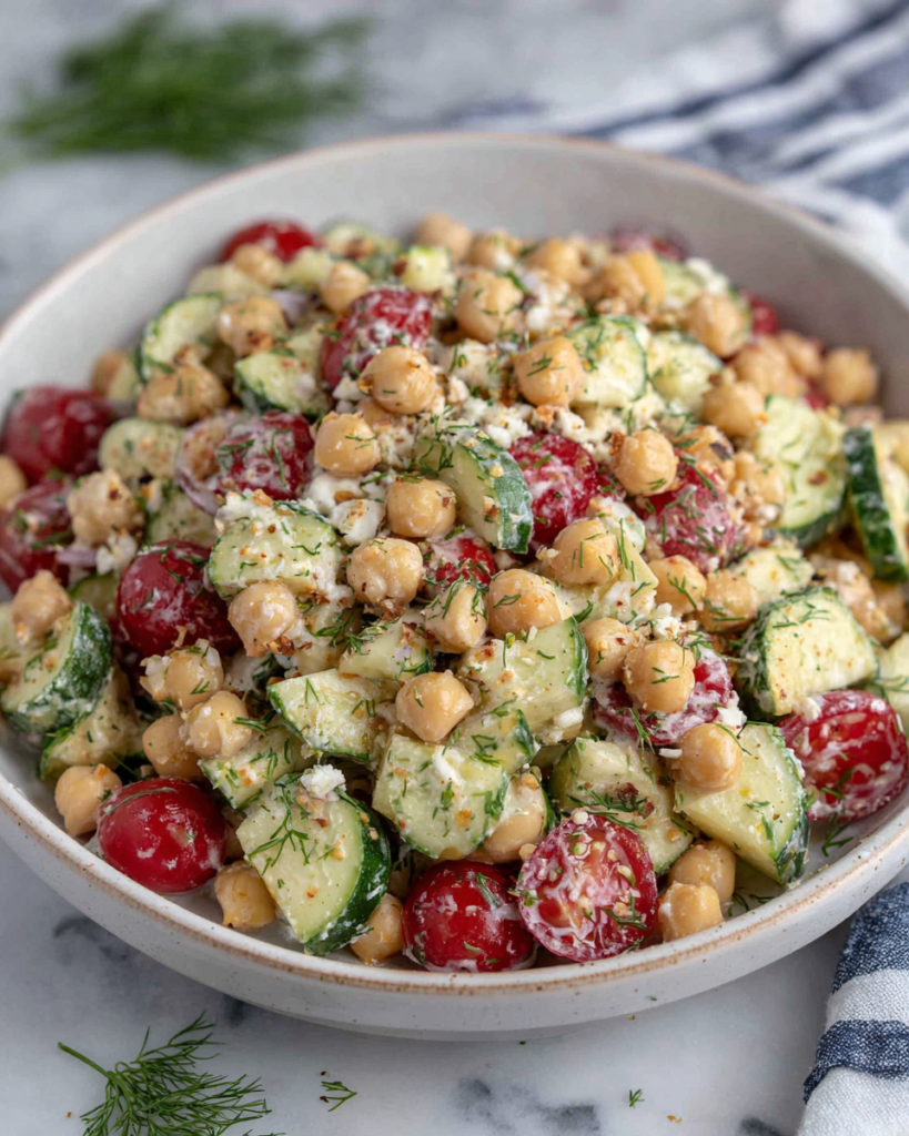 Crispy Cucumber Chickpea Ranch Salad served in a ceramic bowl with fresh cucumbers, chickpeas, cherry tomatoes, red onion, dill, parsley, and creamy ranch dressing on a white marble countertop in natural window light.