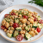 Crispy Cucumber Chickpea Ranch Salad served in a ceramic bowl with fresh cucumbers, chickpeas, cherry tomatoes, red onion, dill, parsley, and creamy ranch dressing on a white marble countertop in natural window light.