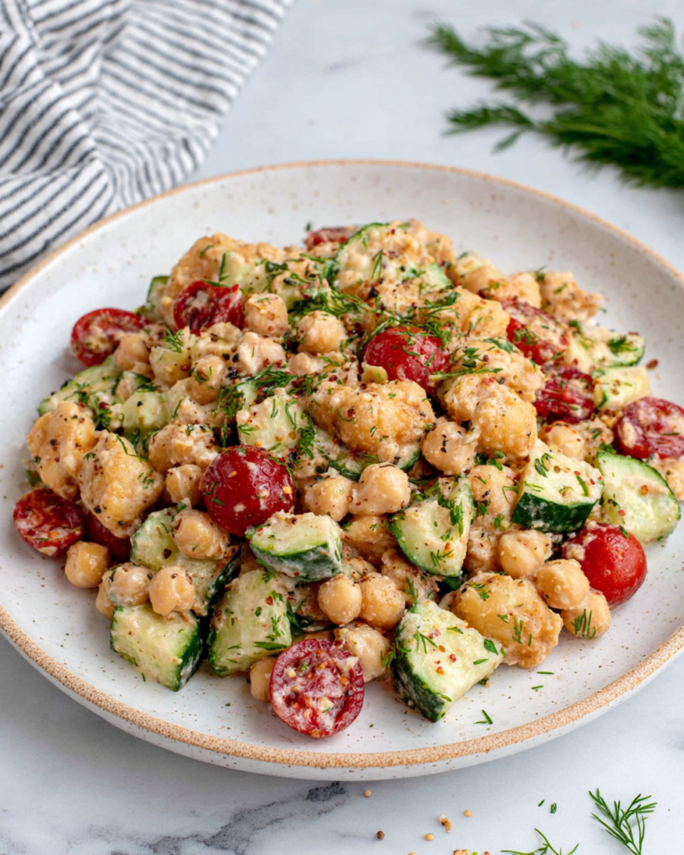 Crispy Cucumber Chickpea Ranch Salad served in a ceramic bowl with fresh cucumbers, chickpeas, cherry tomatoes, red onion, dill, parsley, and creamy ranch dressing on a white marble countertop in natural window light.