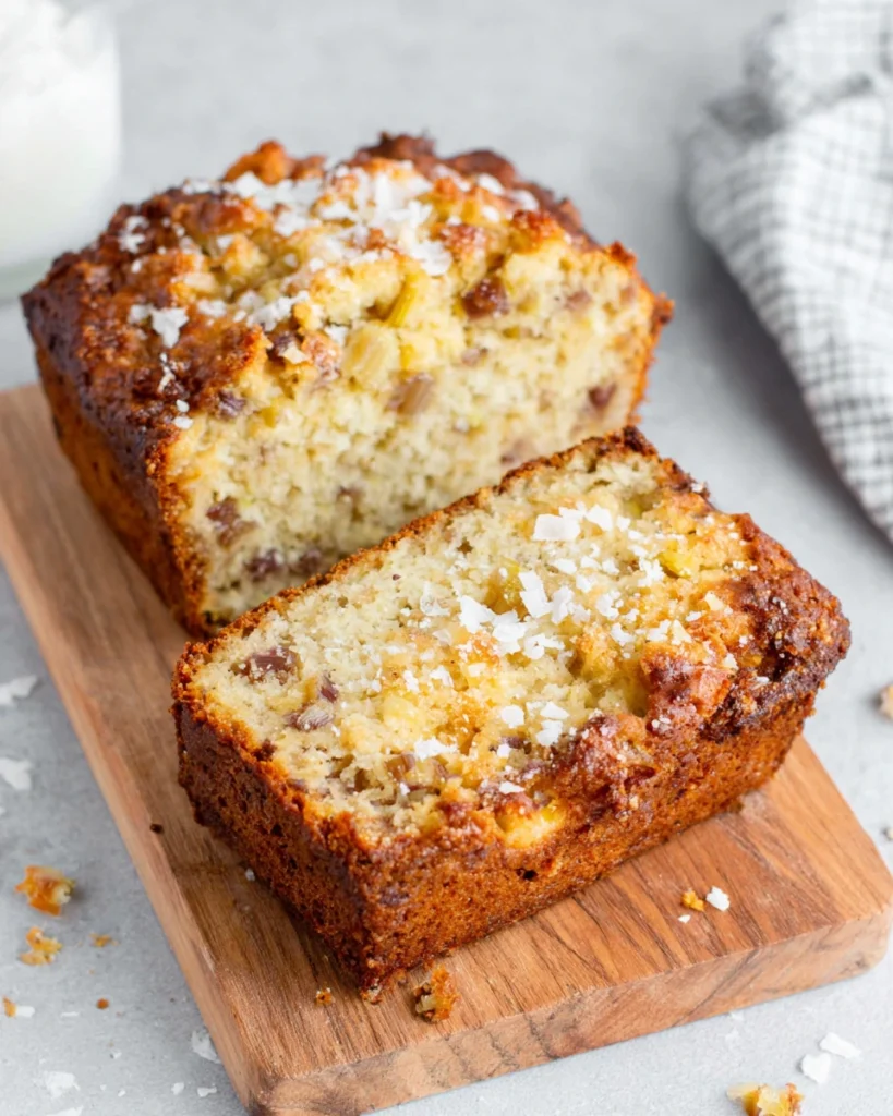 Freshly baked Delicious Lemon Rhubarb Bread sliced on a wooden cutting board, featuring a golden crust, tender crumb, chunks of tart rhubarb, and bright lemon flavor, photographed in natural kitchen lighting.