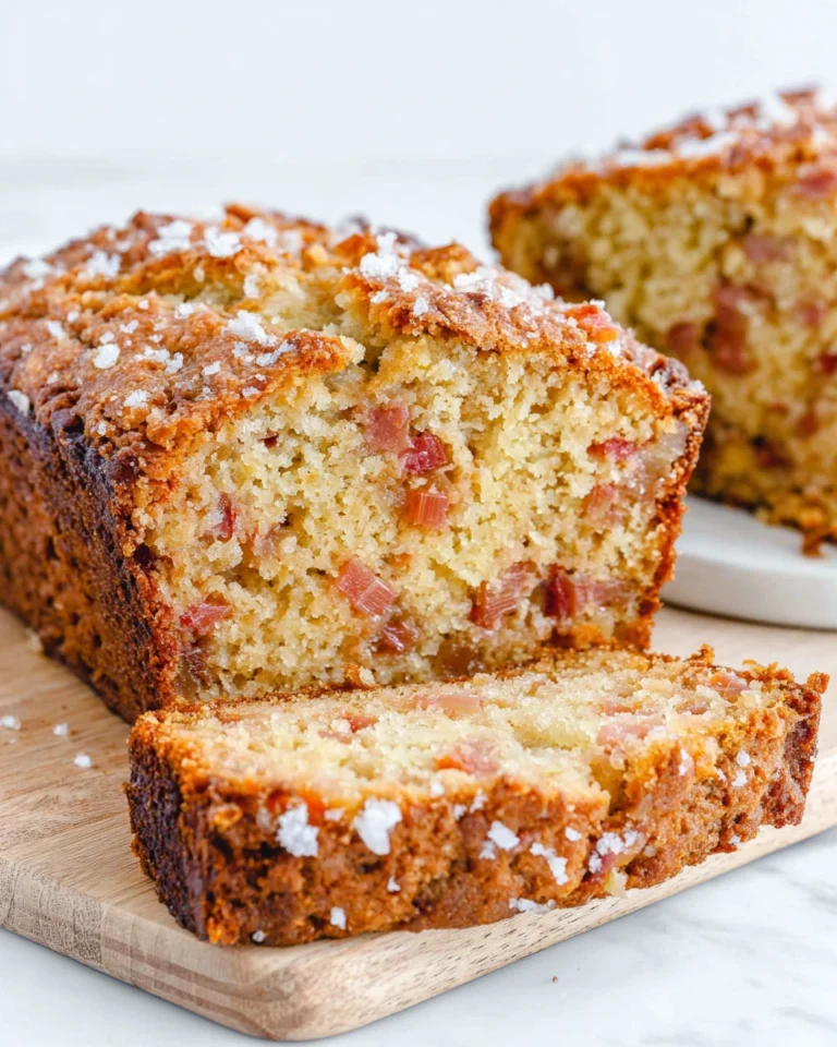 Freshly baked Delicious Lemon Rhubarb Bread sliced on a wooden cutting board, featuring a golden crust, tender crumb, chunks of tart rhubarb, and bright lemon flavor, photographed in natural kitchen lighting.