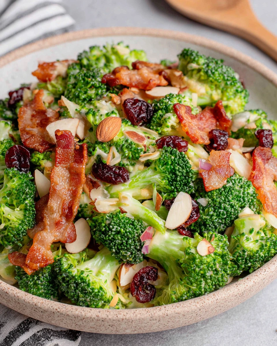 Easy Broccoli Salad served in a white bowl, made with fresh broccoli florets, crispy bacon, sweet dried cranberries, toasted sliced almonds, red onion, and a creamy homemade dressing. A colorful and crunchy Southern-style side dish perfect for potlucks, BBQs, picnics, and family gatherings.