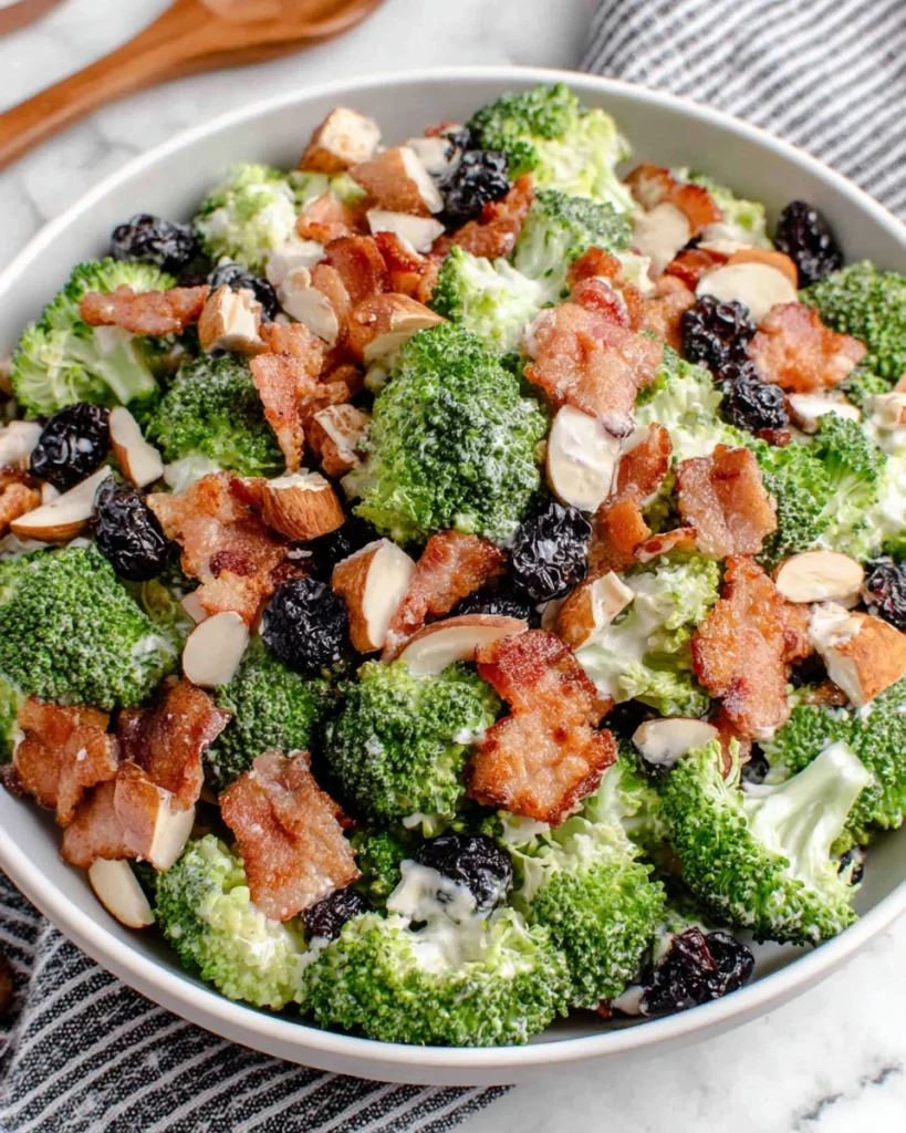 Easy Broccoli Salad served in a white bowl, made with fresh broccoli florets, crispy bacon, sweet dried cranberries, toasted sliced almonds, red onion, and a creamy homemade dressing. A colorful and crunchy Southern-style side dish perfect for potlucks, BBQs, picnics, and family gatherings.