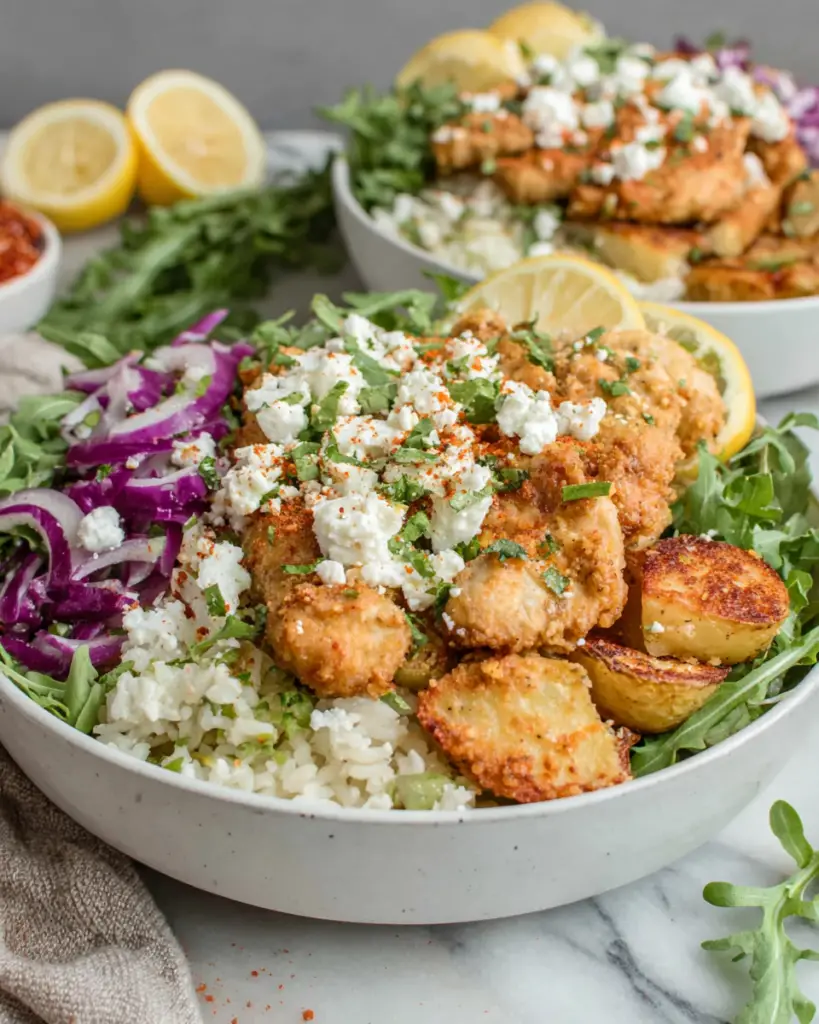 Easy Mediterranean Sheet Pan Chicken and Potato Bowls served with roasted chicken, crispy potatoes, fluffy basmati rice, fresh arugula, crumbled feta cheese, and lemon wedges in a healthy Mediterranean-inspired dinner bowl.