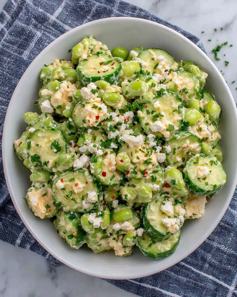 Fresh edamame salad with cucumbers, feta cheese, and herbs in a bowl, light and healthy Mediterranean-style dish with vibrant green colors and a homemade rustic presentation.