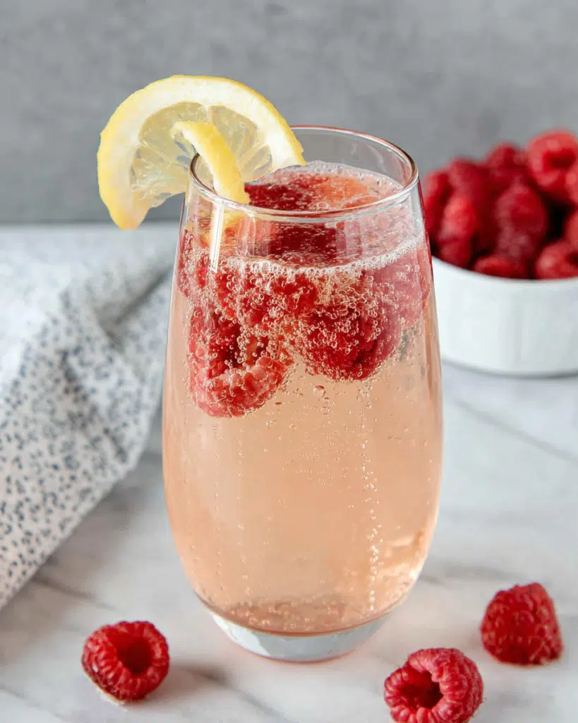 French Kiss Cocktail served in a champagne flute with fresh muddled raspberries, sparkling Champagne, and a lemon twist garnish. A refreshing and elegant raspberry cocktail perfect for celebrations, brunches, parties, and special occasions.