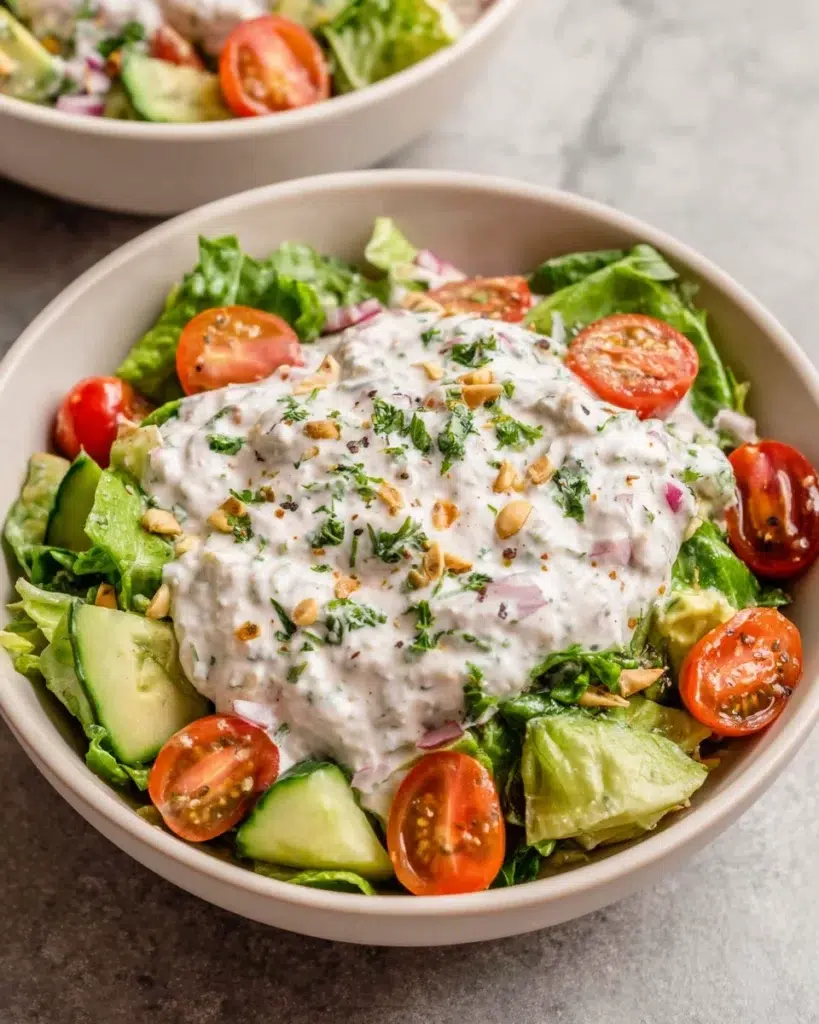 Fresh Green Goddess Avocado Salad served in a bowl with crisp romaine lettuce, creamy avocado, cucumber, cherry tomatoes, mixed seeds, and a homemade avocado herb dressing, photographed in natural light on a white marble countertop.