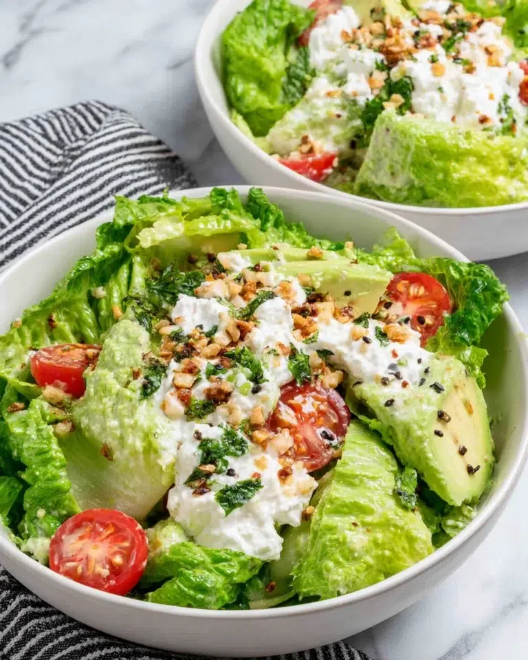 Fresh Green Goddess Avocado Salad served in a bowl with crisp romaine lettuce, creamy avocado, cucumber, cherry tomatoes, mixed seeds, and a homemade avocado herb dressing, photographed in natural light on a white marble countertop.