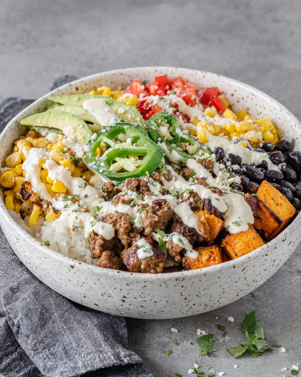 Ground Beef Sweet Potato Taco Bowl with Lime Crema