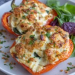 Looking for an easy vegetarian dinner idea? These Herby Ricotta Stuffed Peppers are filled with creamy ricotta, spinach, mozzarella, parmesan, basil, and parsley, then baked until golden and delicious. This healthy stuffed peppers recipe is simple to make, protein-packed, and perfect for busy weeknights or meal prep.