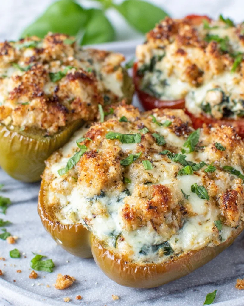 Looking for an easy vegetarian dinner idea? These Herby Ricotta Stuffed Peppers are filled with creamy ricotta, spinach, mozzarella, parmesan, basil, and parsley, then baked until golden and delicious. This healthy stuffed peppers recipe is simple to make, protein-packed, and perfect for busy weeknights or meal prep.
