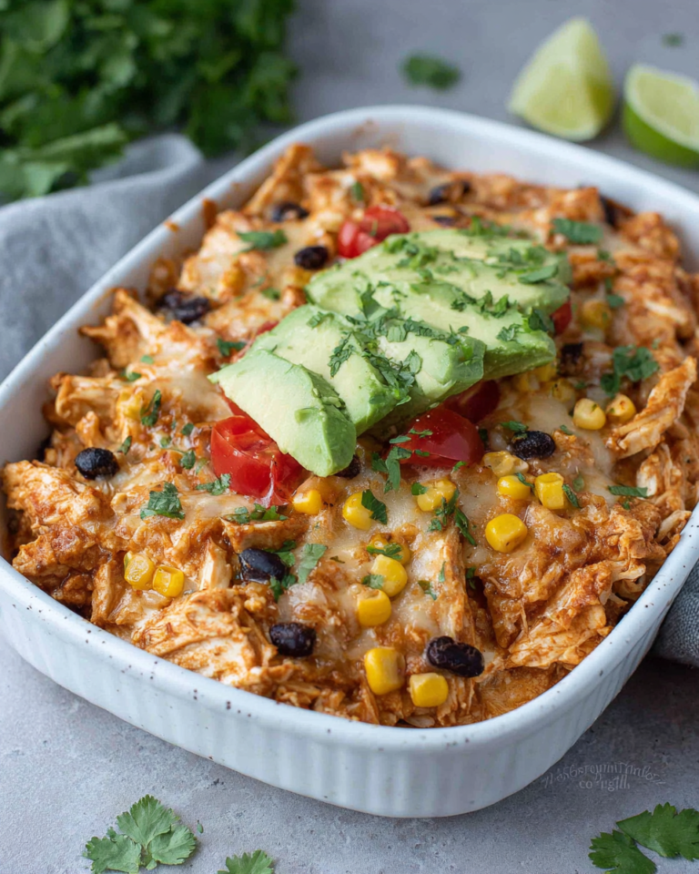 High-Protein Cottage Cheese Enchilada Bake topped with melted cheese, avocado, cilantro, black beans, and corn in a white baking dish on a marble countertop.