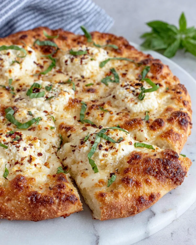 Freshly baked Hot Honey Ricotta Pizza topped with creamy ricotta cheese, melted mozzarella, hot honey drizzle, fresh basil, and red pepper flakes on a golden crispy crust, photographed in natural light on a wooden board in a home kitchen.
