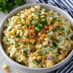 Close-up of creamy Jalapeno Corn Coleslaw featuring shredded cabbage, grilled corn, jalapeños, and fresh herbs.