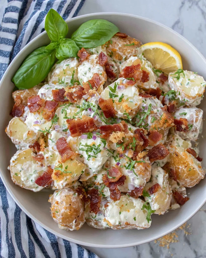 Jamie Oliver Potato Salad served in a rustic bowl with tender potatoes, crispy bacon, fresh basil, onion, and creamy Dijon dressing, photographed in natural light on a white marble countertop in a cozy home kitchen.
