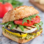 Marinated Grilled Veggie Summer Sandwich on toasted ciabatta filled with grilled zucchini, yellow squash, bell peppers, homemade basil pesto, fresh mozzarella, heirloom tomatoes, red onion, and arugula, photographed in natural light on a white marble kitchen counter.