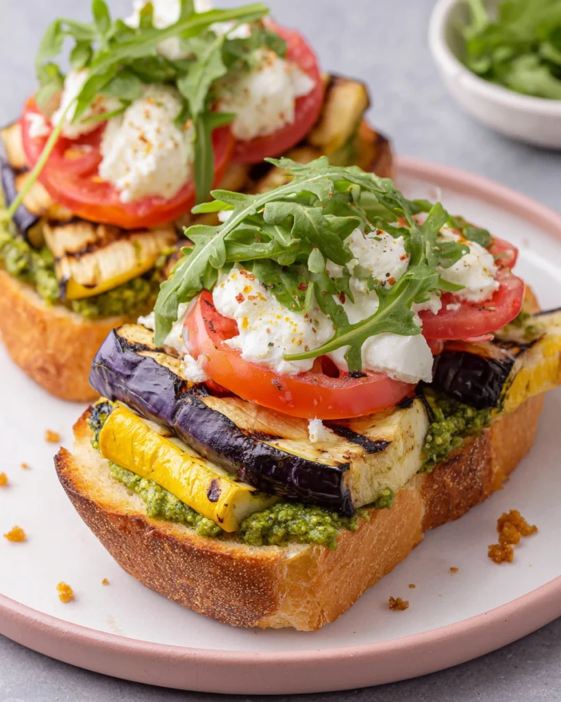 Marinated Grilled Veggie Summer Sandwich on toasted ciabatta filled with grilled zucchini, yellow squash, bell peppers, homemade basil pesto, fresh mozzarella, heirloom tomatoes, red onion, and arugula, photographed in natural light on a white marble kitchen counter.