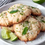 Close-up of soft Mojito Sugar Cookies made with fresh lime zest and mint, displayed on a white marble kitchen counter with natural window light and a homemade rustic feel.