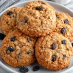 Freshly baked oatmeal raisin cookies with golden brown edges and soft chewy centers, made with oats, raisins, cinnamon, and brown sugar, served on a plate in a bright home kitchen.