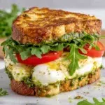 Close-up of a homemade Pesto Egg Breakfast Sandwich made with toasted sourdough bread, pesto-fried eggs, melted mozzarella cheese, fresh arugula, and tomato slices, served on a plate in natural kitchen lighting.