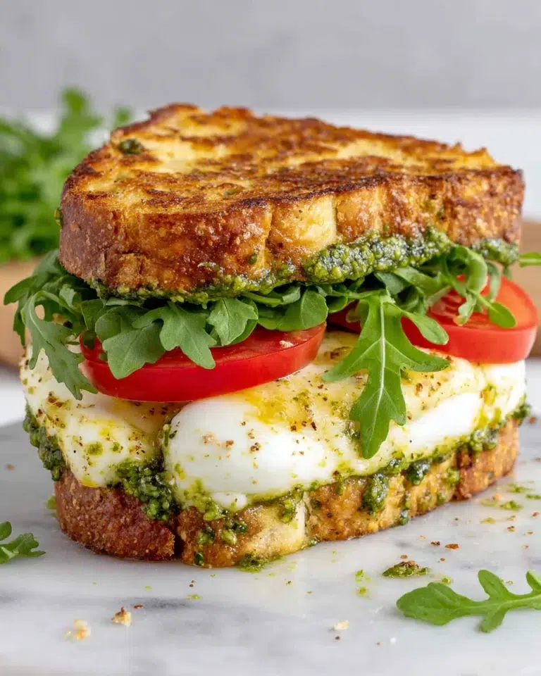 Close-up of a homemade Pesto Egg Breakfast Sandwich made with toasted sourdough bread, pesto-fried eggs, melted mozzarella cheese, fresh arugula, and tomato slices, served on a plate in natural kitchen lighting.