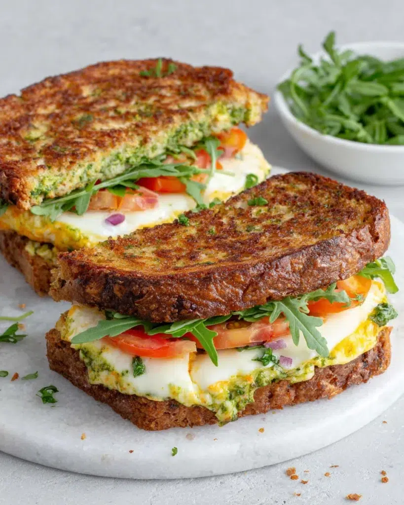 Close-up of a homemade Pesto Egg Breakfast Sandwich made with toasted sourdough bread, pesto-fried eggs, melted mozzarella cheese, fresh arugula, and tomato slices, served on a plate in natural kitchen lighting.