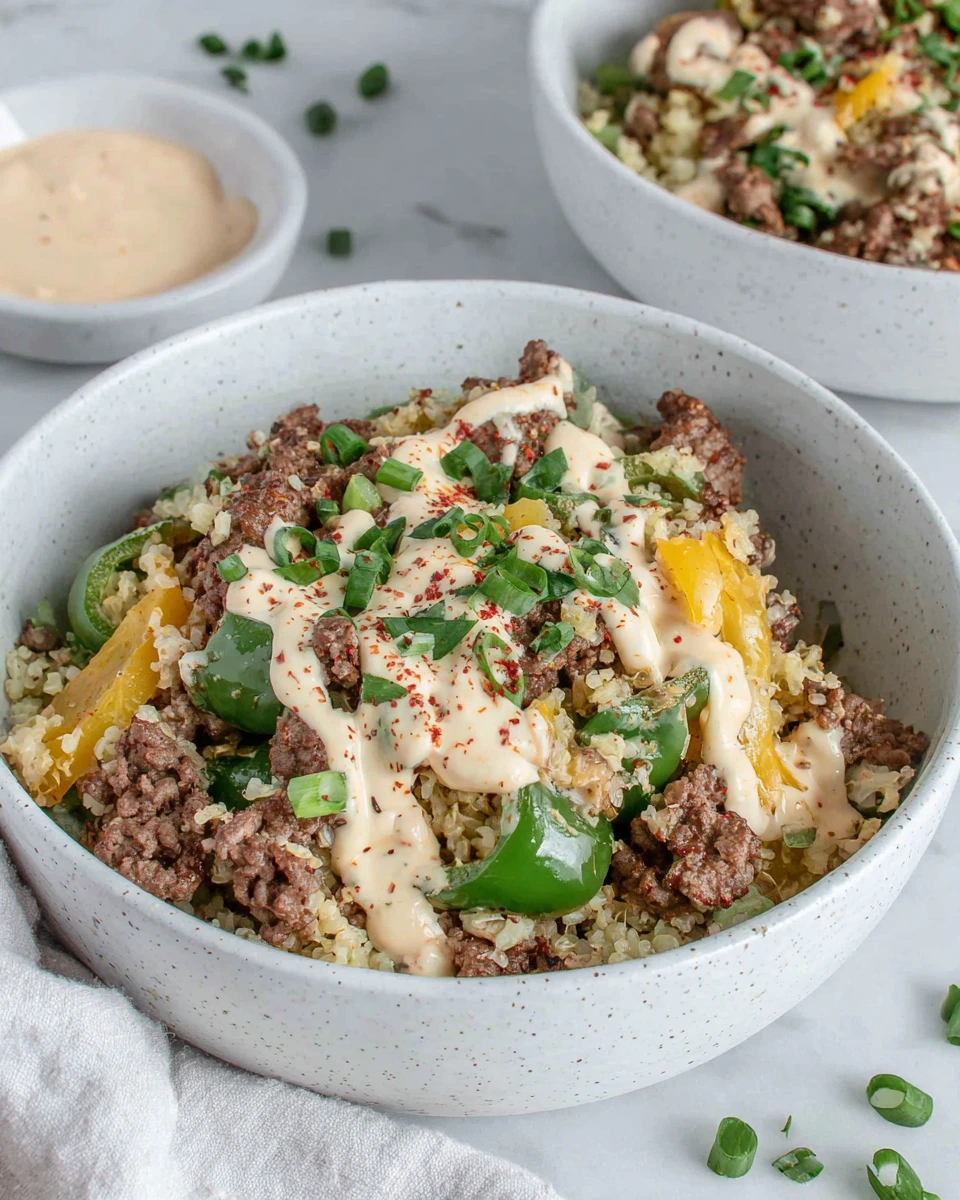Overhead view of Philly Cheesesteak Bowls in a white bowl filled with ground beef, sautéed green peppers, mushrooms, and melted provolone cheese served in a cozy home kitchen with natural lighting.