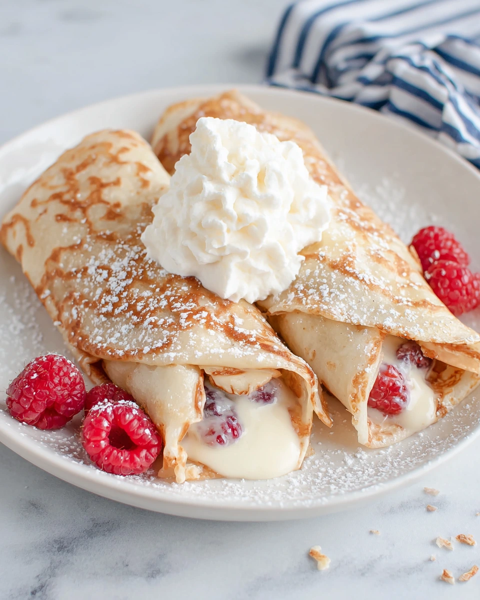 Light and fluffy Raspberry Vanilla Cream Crepes filled with fresh raspberry filling and vanilla whipped cream, dusted with powdered sugar and served on a white plate for an elegant homemade breakfast or brunch.