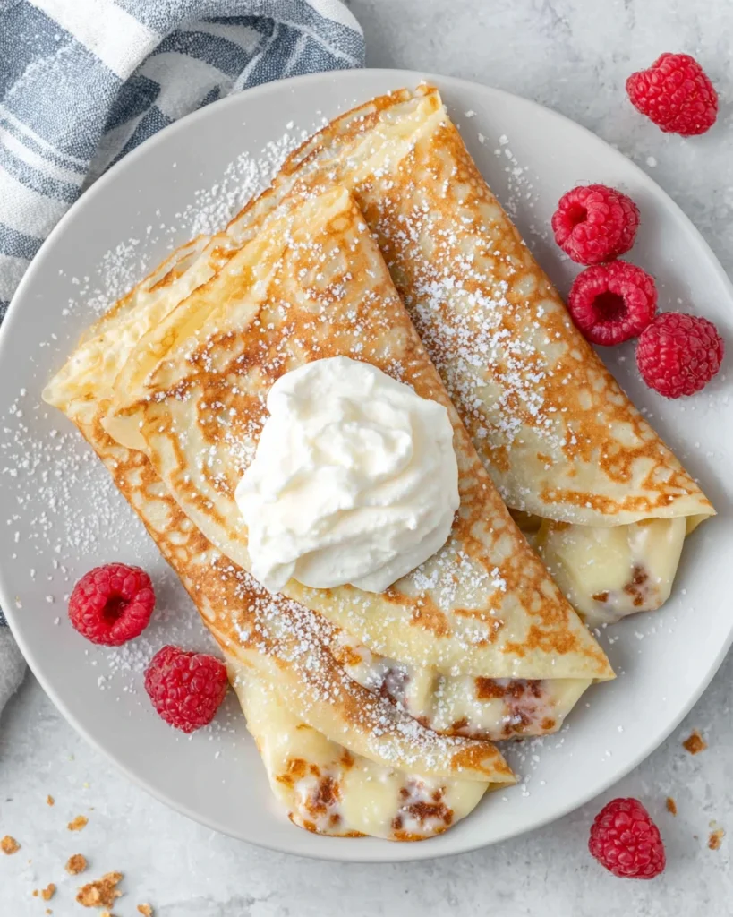 Light and fluffy Raspberry Vanilla Cream Crepes filled with fresh raspberry filling and vanilla whipped cream, dusted with powdered sugar and served on a white plate for an elegant homemade breakfast or brunch.