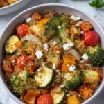 Satisfying Sheet Pan Roasted Vegetable Quinoa Bake served in a rustic bowl with fluffy quinoa, roasted bell peppers, zucchini, broccoli, cherry tomatoes, red onion, crumbled feta cheese, and fresh parsley garnish. Healthy vegetarian dinner photographed in natural kitchen lighting with a warm homemade feel.