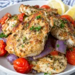 Sheet Pan Mediterranean Chicken & Zucchini served on a baking sheet with juicy roasted chicken breasts, zucchini slices, cherry tomatoes, red onion, fresh parsley, and lemon wedges. Healthy Mediterranean-inspired one-pan dinner photographed in natural light.