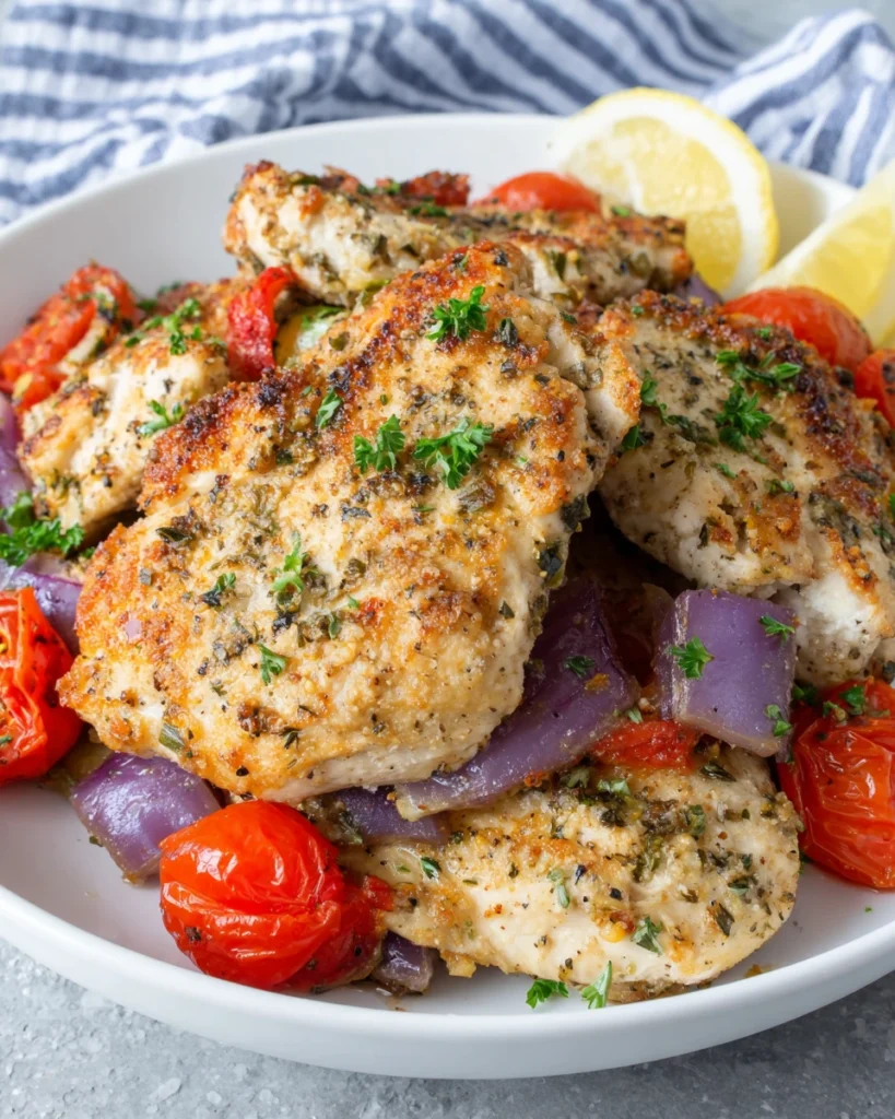 Sheet Pan Mediterranean Chicken & Zucchini served on a baking sheet with juicy roasted chicken breasts, zucchini slices, cherry tomatoes, red onion, fresh parsley, and lemon wedges. Healthy Mediterranean-inspired one-pan dinner photographed in natural light.