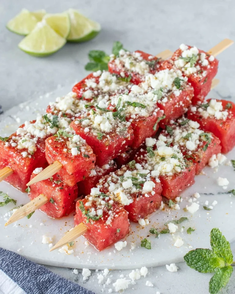 Watermelon Tajin Skewers arranged on a serving platter, topped with Tajín seasoning, fresh lime juice, crumbled cotija cheese, chopped mint, and flaky salt. A colorful sweet and spicy summer appetizer made with fresh watermelon and simple ingredients.
