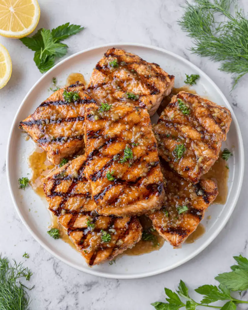 Close-up of zesty grilled honey mustard salmon topped with fresh parsley, dill, and lemon zest on a white plate. The salmon features a caramelized honey mustard glaze, beautiful grill marks, and a juicy flaky texture, photographed in natural window light on a white marble countertop.