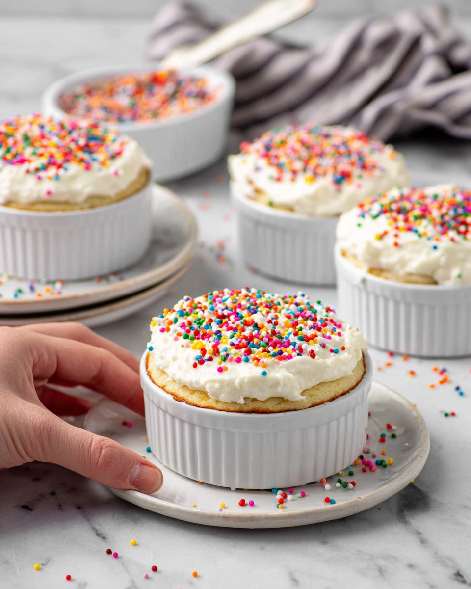 Vanilla Dot Cakes topped with creamy vanilla cream cheese frosting and colorful nonpareils, featuring a soft, moist vanilla cake with visible vanilla bean specks, photographed in natural light on a white marble countertop.