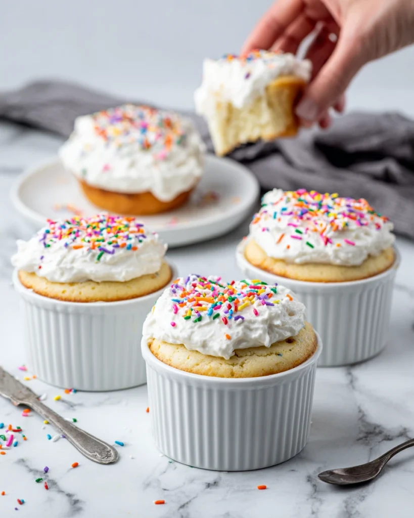 Vanilla Dot Cakes topped with creamy vanilla cream cheese frosting and colorful nonpareils, featuring a soft, moist vanilla cake with visible vanilla bean specks, photographed in natural light on a white marble countertop.