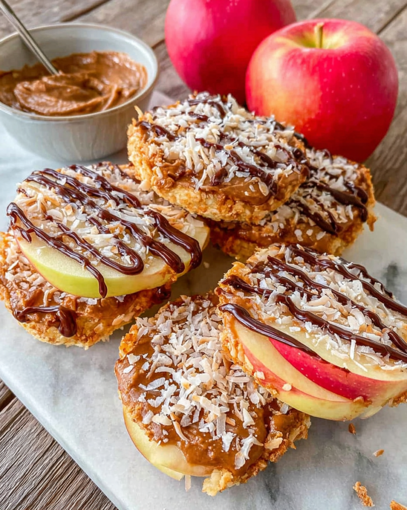 Samoa Apple Slices topped with creamy almond butter coconut filling and chocolate drizzle on a white marble countertop, photographed in natural light with a homemade rustic presentation.