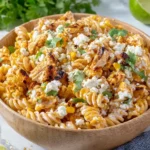 Zesty Mexican Street Corn Chicken Pasta Salad served in a large bowl with rotini pasta, charred corn, shredded chicken, crumbled cotija cheese, fresh cilantro, and creamy chili lime dressing, photographed in natural light on a white marble countertop.
