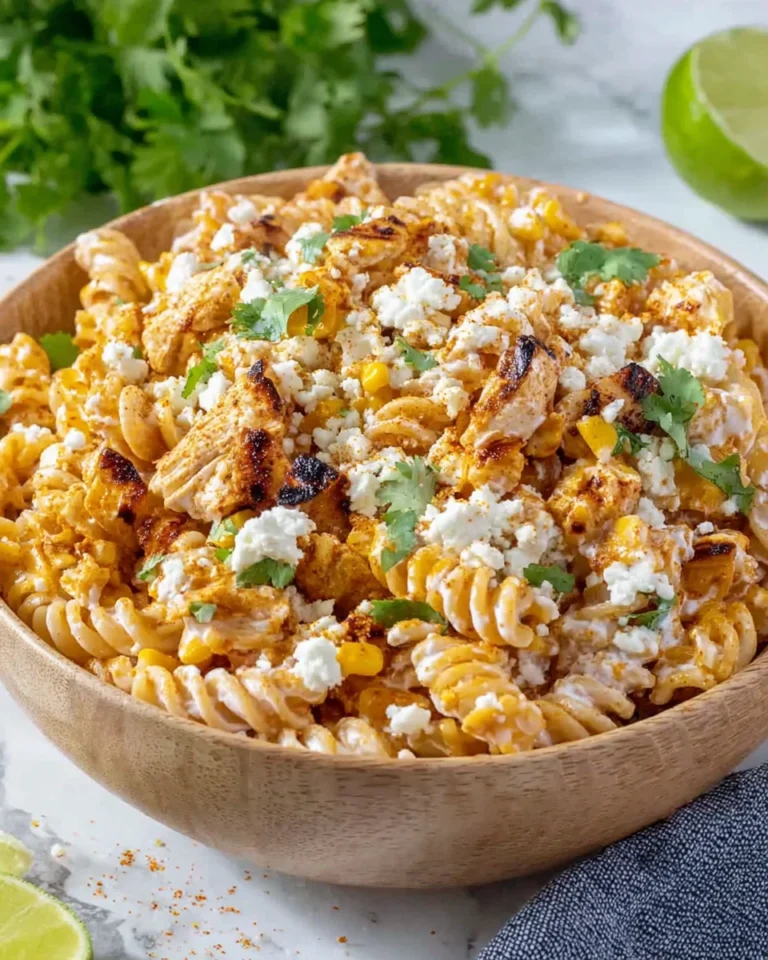 Zesty Mexican Street Corn Chicken Pasta Salad served in a large bowl with rotini pasta, charred corn, shredded chicken, crumbled cotija cheese, fresh cilantro, and creamy chili lime dressing, photographed in natural light on a white marble countertop.