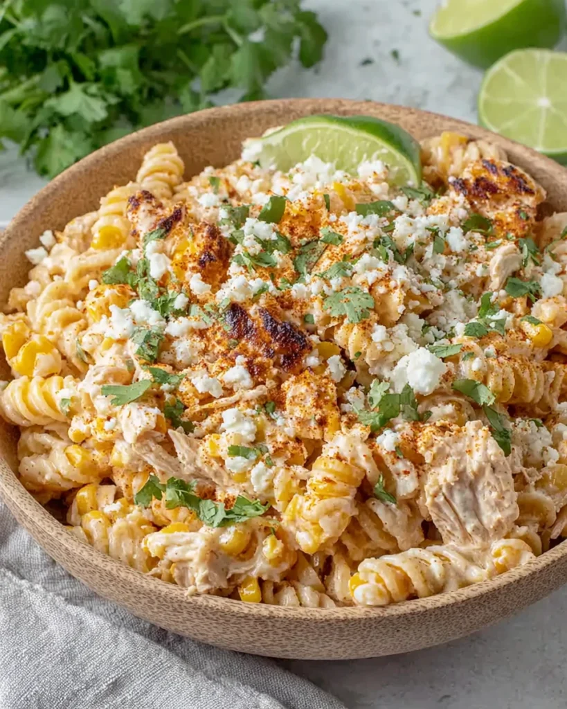 Zesty Mexican Street Corn Chicken Pasta Salad served in a large bowl with rotini pasta, charred corn, shredded chicken, crumbled cotija cheese, fresh cilantro, and creamy chili lime dressing, photographed in natural light on a white marble countertop.