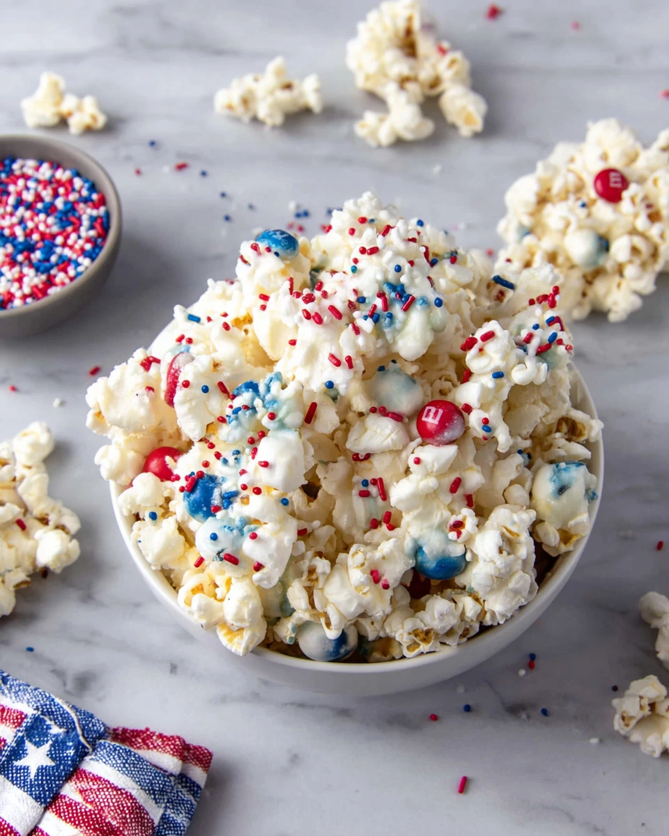 Close-up of homemade Patriotic Popcorn coated with red, white, and blue candy melts and topped with colorful M&Ms and festive star sprinkles. This easy Fourth of July snack is served on a tray and makes a fun party treat for summer celebrations.