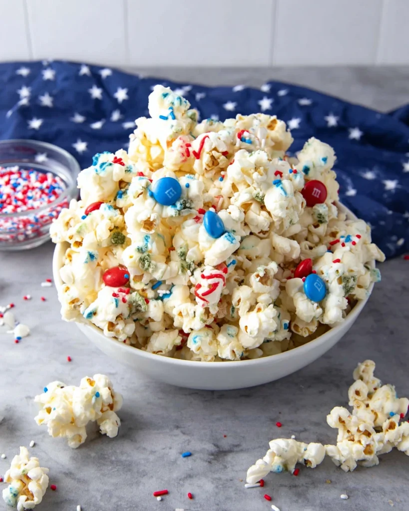 Close-up of homemade Patriotic Popcorn coated with red, white, and blue candy melts and topped with colorful M&Ms and festive star sprinkles. This easy Fourth of July snack is served on a tray and makes a fun party treat for summer celebrations.