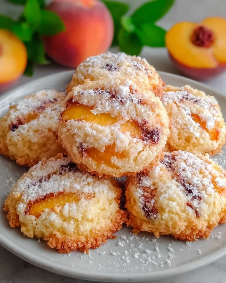 Freshly baked Italian Peach Summer Cookies dusted with powdered sugar and made with ripe peaches, butter, and vanilla. Soft homemade peach cookies arranged on a plate in natural light with a cozy summer kitchen background.
