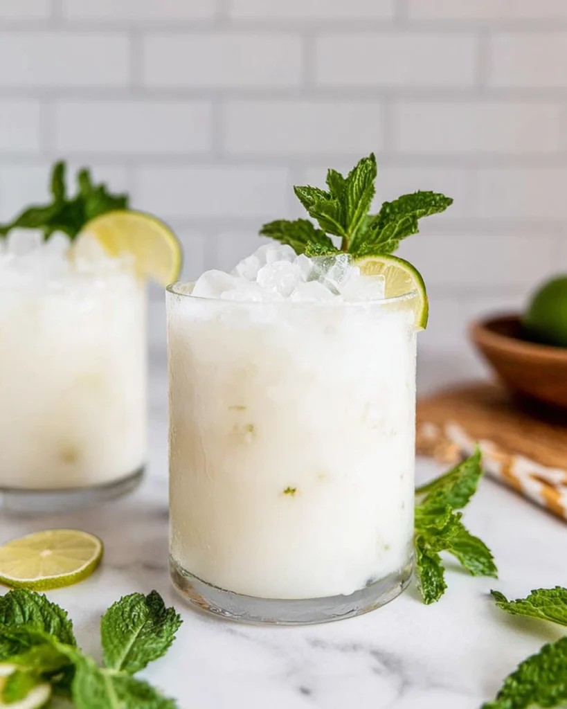 A glass of creamy coconut lemonade made with coconut milk, fresh lemon juice, honey, and ice, garnished with mint leaves and lemon slices on a white marble countertop in natural sunlight.